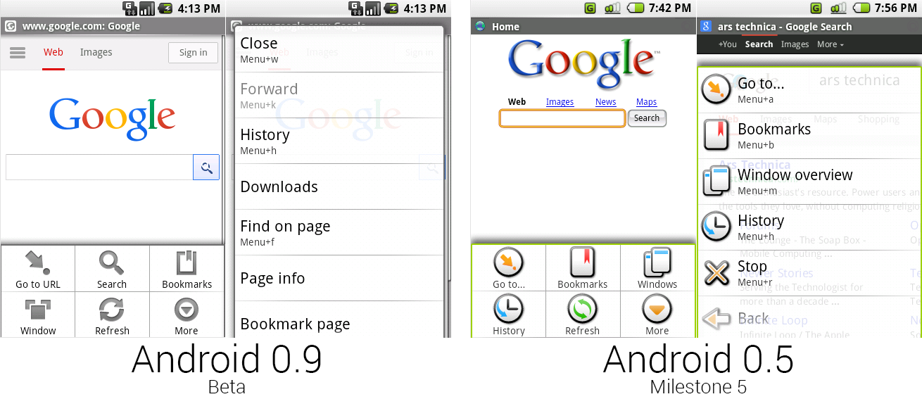 安卓0.9和0.5的浏览器，展现出新的无色彩菜单。