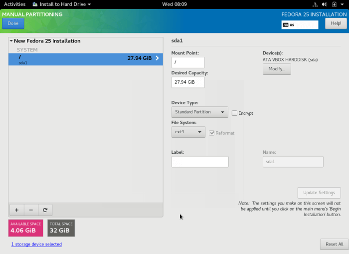 Root Partition Settings