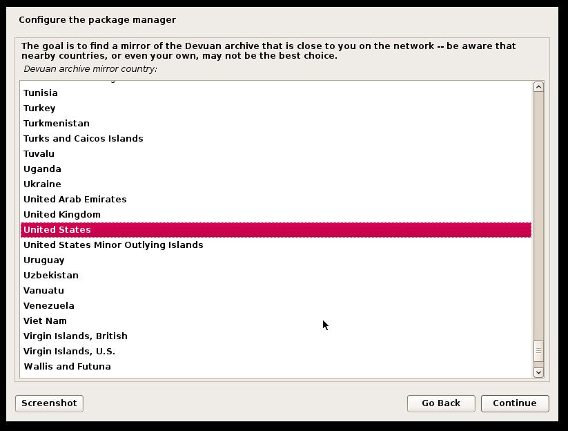 Devuan Linux Mirror Selection