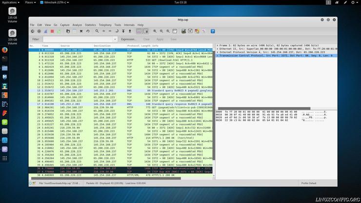 Wireshark listing packet information