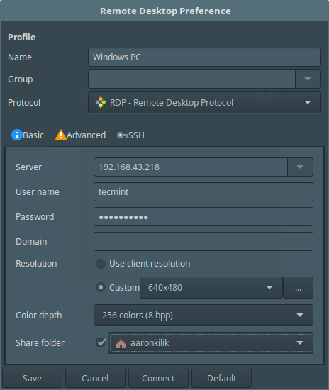 Remmina Basic Desktop Preferences