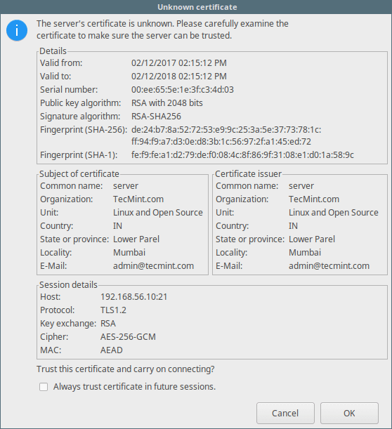 验证 FTP SSL 证书