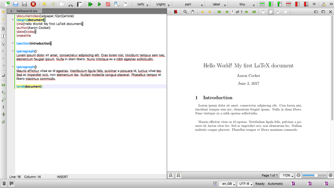 The finished document with code and the PDF output side-by-side