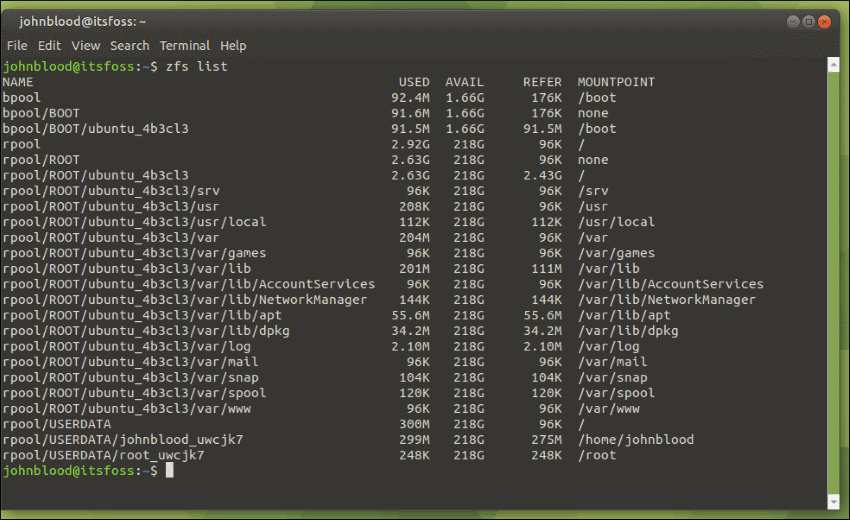 Zfs List