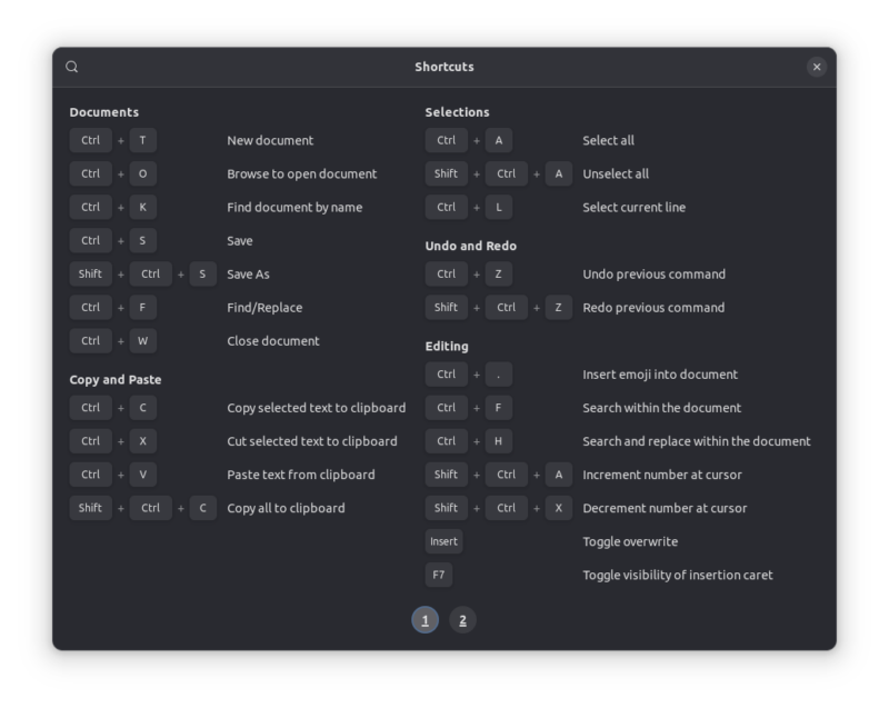 Keyboard shortcuts in Text Editor