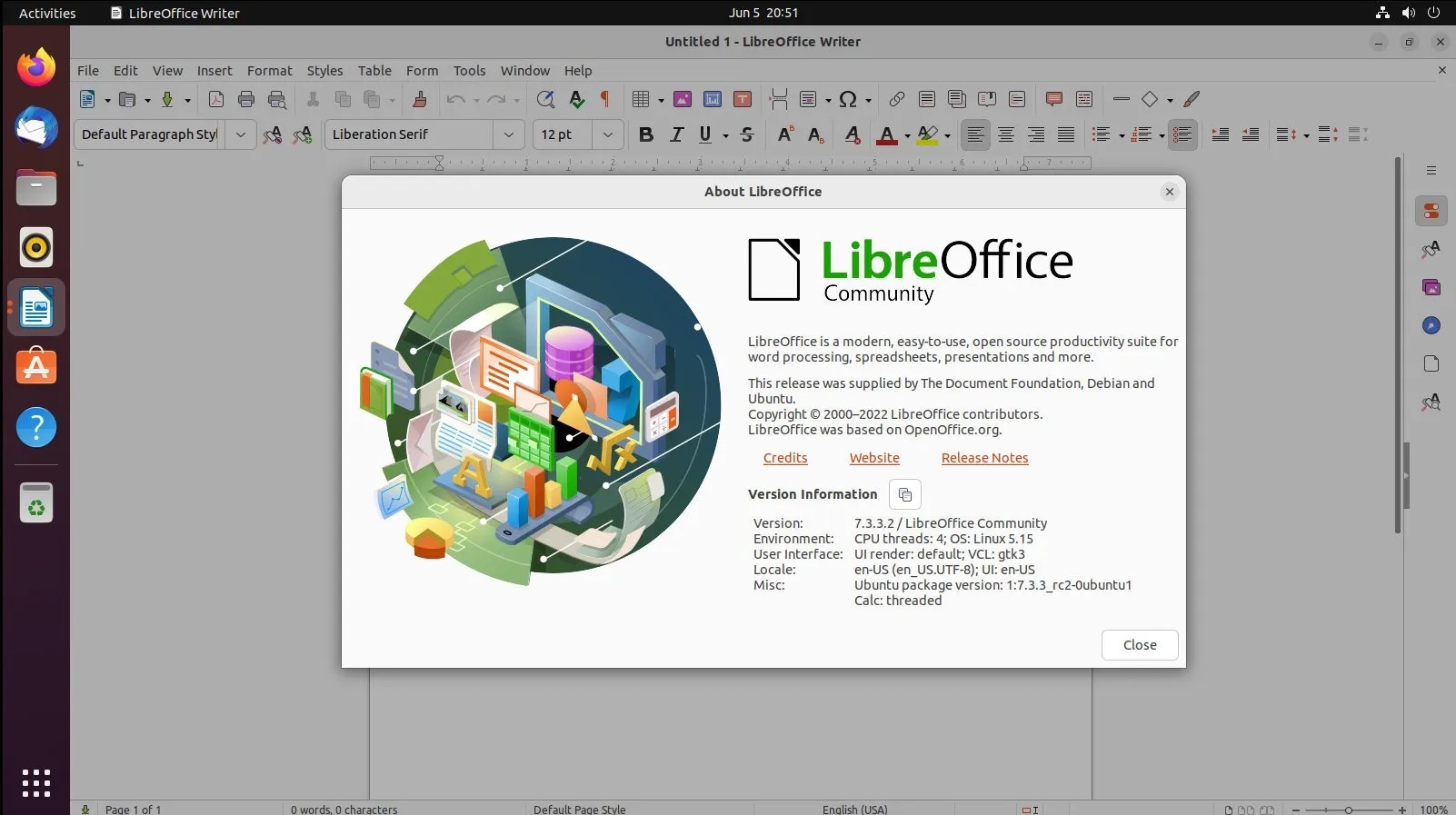 LibreOffice 7.3.x Community Edition in Ubuntu 22.04 LTS Jammy Jellyfish