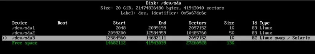 cfdisk 中的最终分区列表