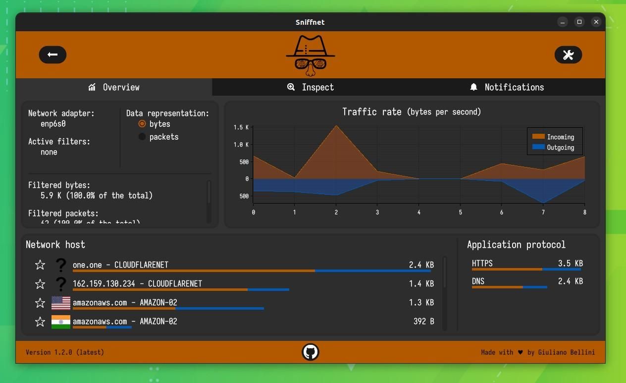 a screenshot of sniffnet running on linux