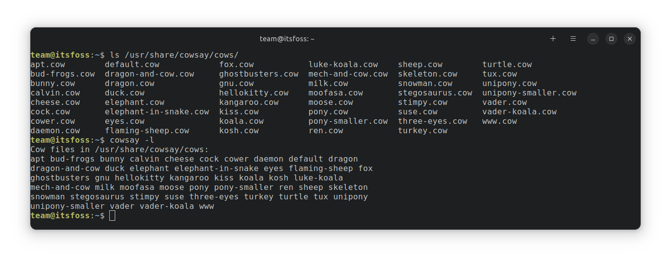 使用 “ls /usr/share/cowsay/cows/” 和 “cowsay -l” 列出的各种默认 cowsay 图像